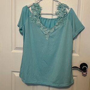Women's Blue Blouse with Floral Lace